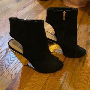 High ankle faux suede zip up open toed heels